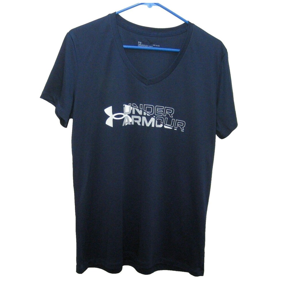 Under Armour Womens Large Blue Short Sleeve Graphic Logo T-Shirt Heatgear Top